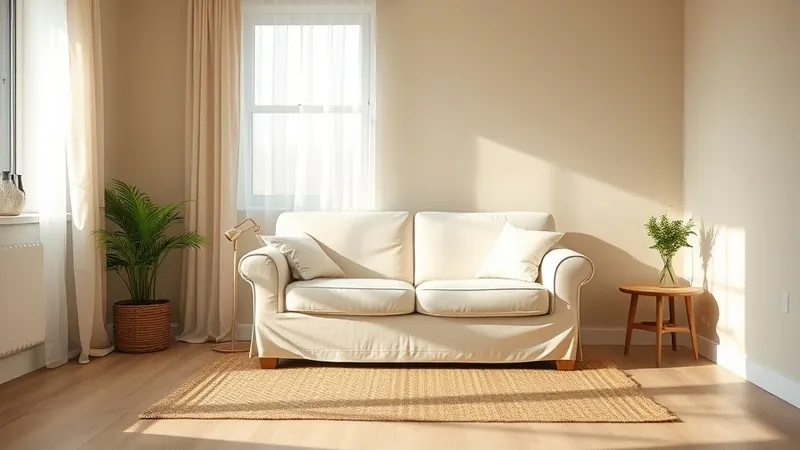 Cream two-seat sofa angled away from the wall in a small rental living room