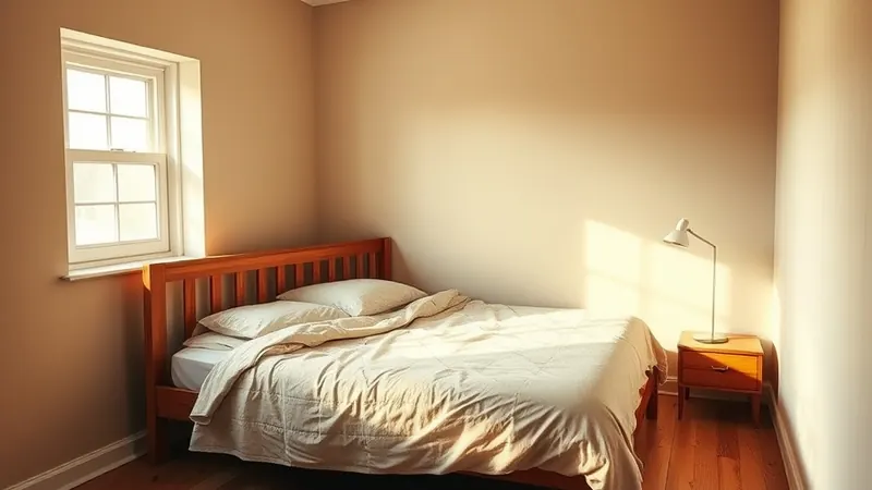 Wooden bed frame angled away from the bedroom window in a small rented apartment