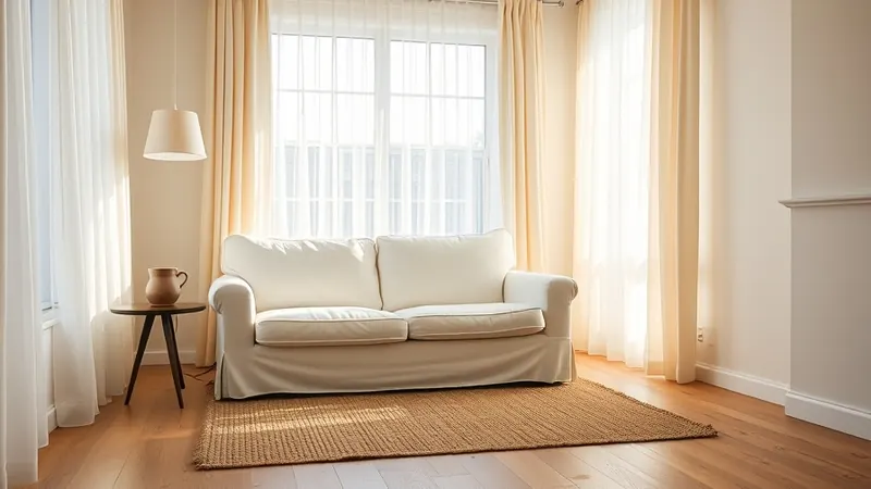 Cream sofa angled toward a sunny window with a small side table and mug in a small apartment living room
