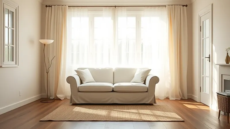 Cream sofa angled toward a large south-facing window in a small apartment living room
