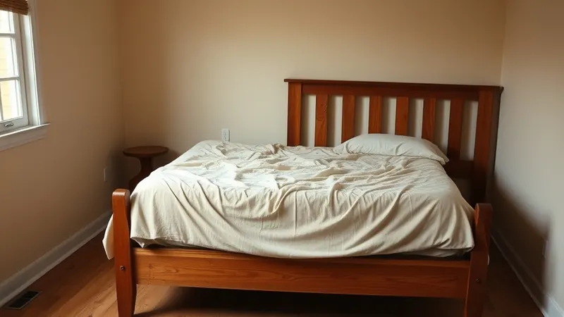 Warm oatmeal flannel sheets on a wooden bed frame in a small rented bedroom