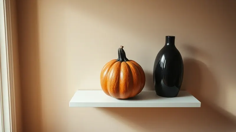 Thrifted ceramic pumpkin displayed on a shelf next to a black ceramic vase