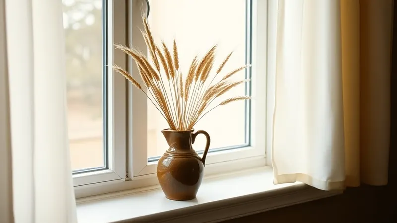 Thrifted brown stoneware pitcher with dried wheat stems on a windowsill in a small apartment
