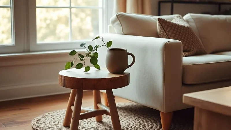Thrifted wood stool used as a side table next to a cream sofa