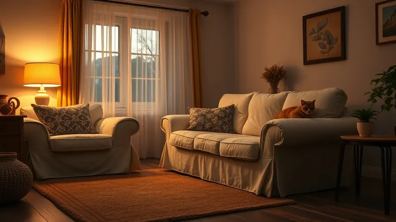 Orange tabby cat curled on a sofa lit by warm lamp light in a cozy small apartment living room