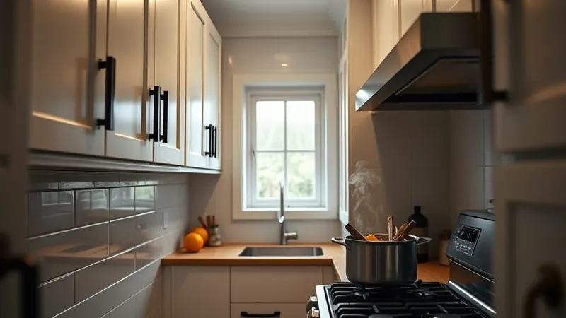 Small pot simmering cinnamon sticks and orange peel on the stove in a narrow galley kitchen