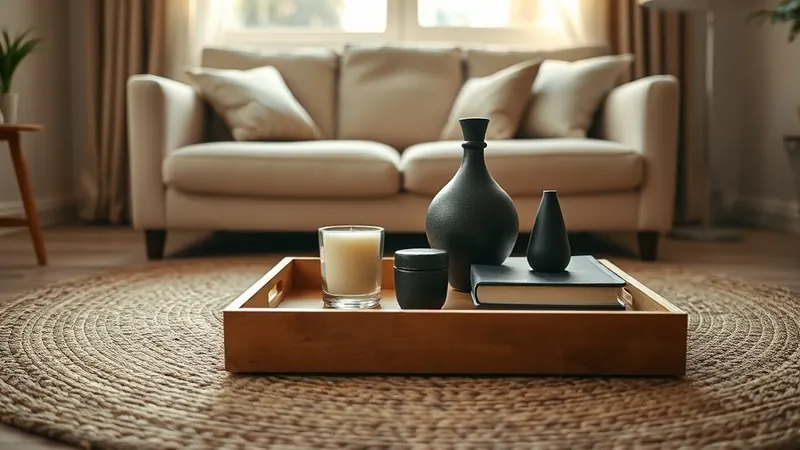 Styled tray with candle, black vase, and book on a rug in a small living room