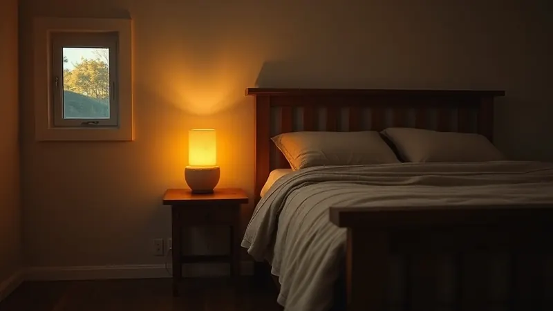 Warm lamp glowing on a wooden nightstand in a small rented bedroom at dusk