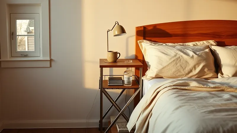 Small bar cart used as a nightstand beside a wooden bed with oatmeal linens