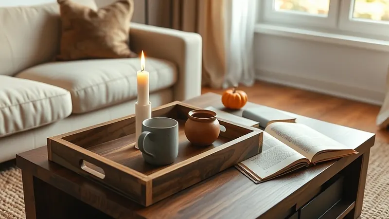 Wood tray on a coffee table with a candle, mug, book, and small pumpkin grouped together