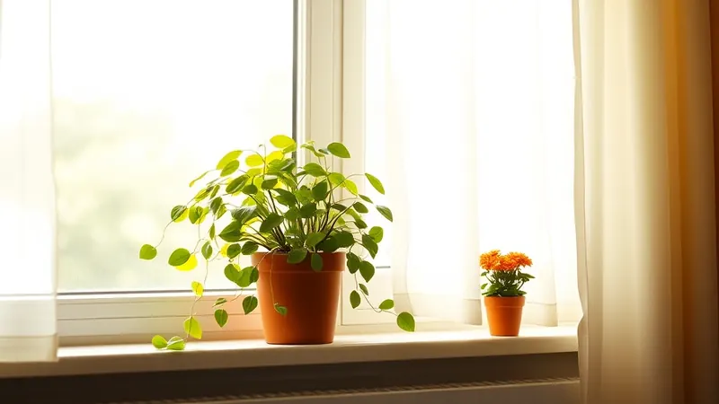 Trailing pothos and small potted mum plant sitting together on a windowsill