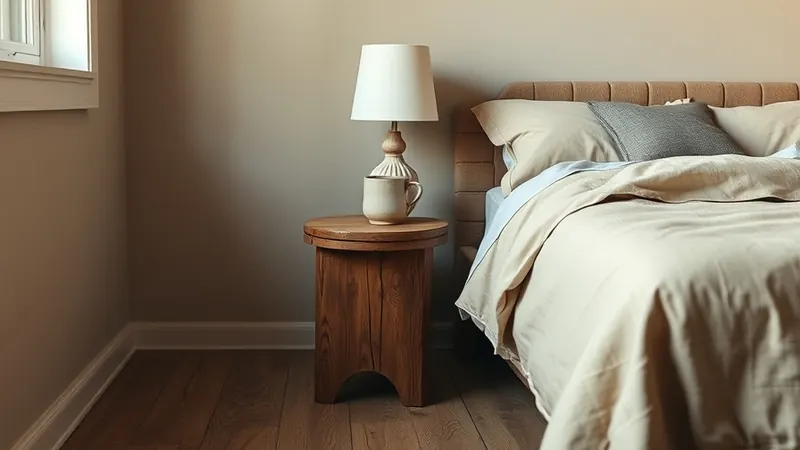 Thrifted scratched wood stool used as a nightstand with a lamp and mug