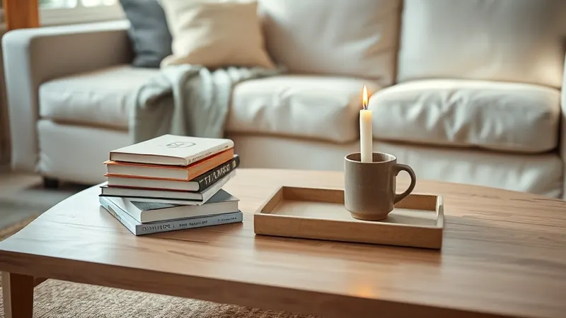 Coffee table styled with books, a stoneware mug, and a candle grouped on a tray