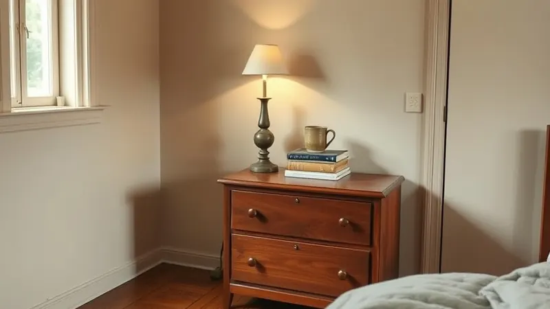 Candle, books, and a stoneware mug grouped together on a dresser in a small bedroom