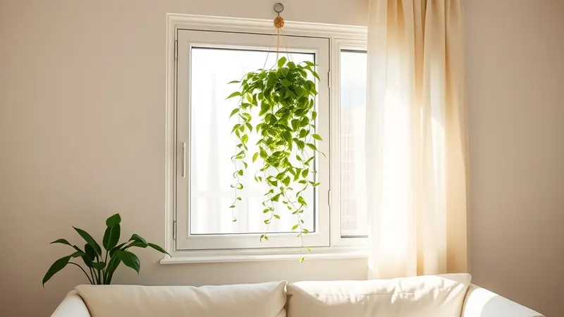Trailing pothos plant hanging from a small hook in a south-facing window