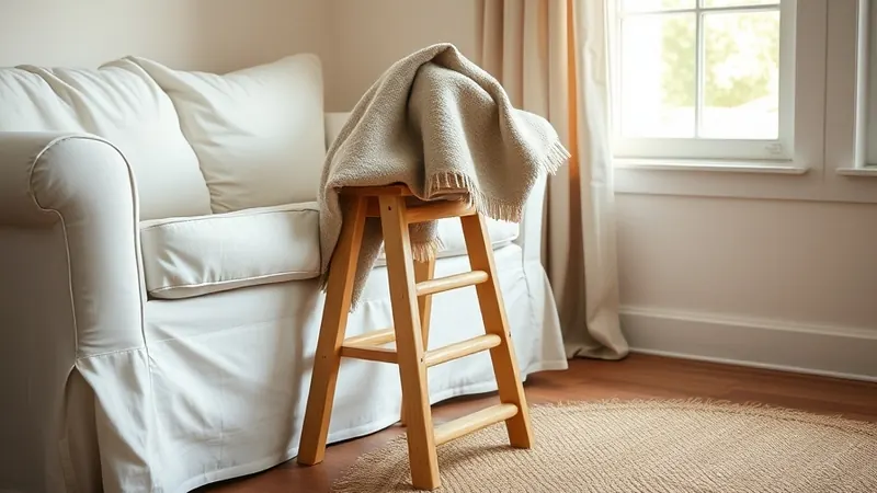 Wooden step stool used as a blanket ladder with an oatmeal throw beside a sofa