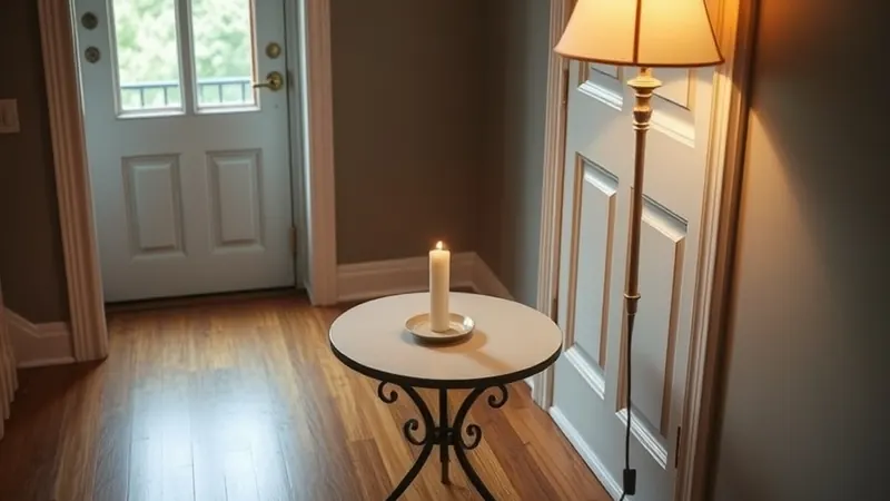 Small entry table with just a candle and a dish for keys near a chipped white door frame