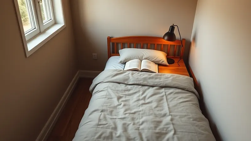 Cleared wooden nightstand with only a lamp and one book in a small rented bedroom