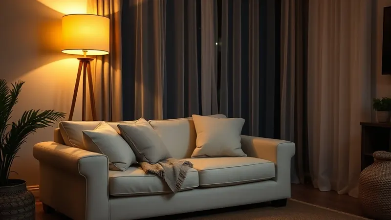 Tidy cream sofa with folded throw and fluffed pillows under warm lamp light