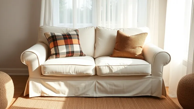 Cream sofa styled with warm plaid and corduroy pillow covers for fall