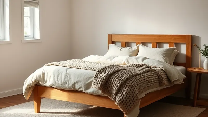 Chunky knit throw folded at the foot of a bed with oatmeal linen bedding