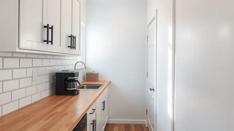 Clear butcher block counter in a narrow galley kitchen with black bar handles