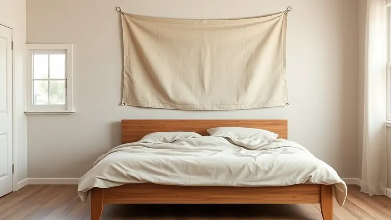 Fabric panel hung above a bed frame with removable hooks in a small rented bedroom