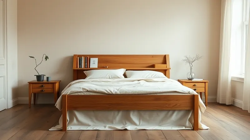 Small bookshelf laid on its side behind a bed acting as a headboard shelf