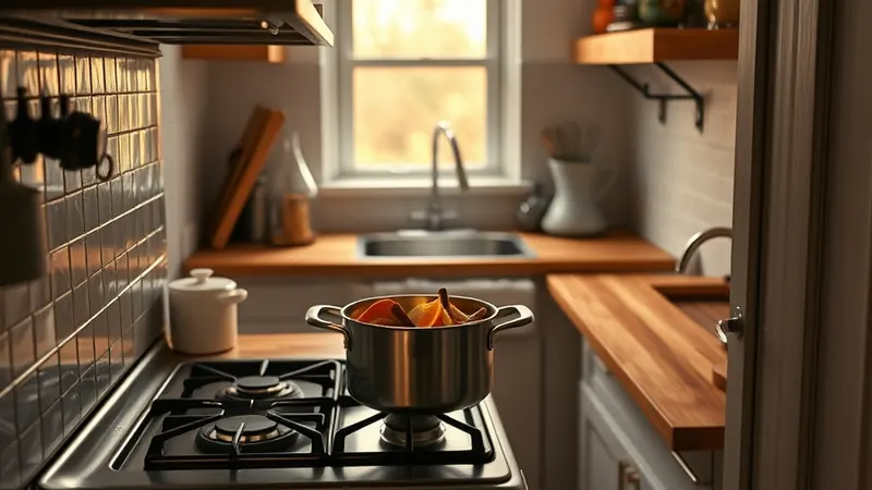Pot simmering with orange peel and cinnamon on a galley kitchen stove