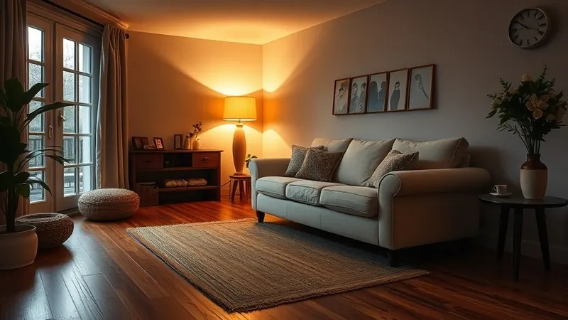 Living room lit only by warm lamp light with the overhead light turned off