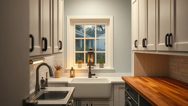 Small candle lantern glowing on the windowsill above the kitchen sink