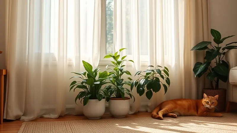 Three plants of different heights grouped by a sunny living room window