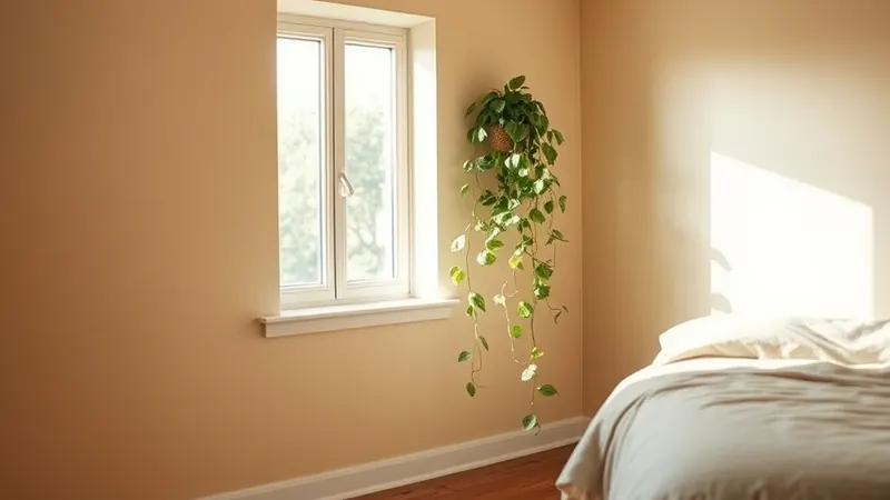 Small pothos plant on a narrow bedroom windowsill in a rented apartment