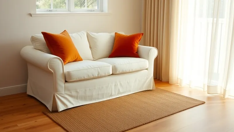 Cream sofa with rust and mustard pillow covers in front of a sunny window