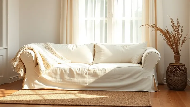Chunky knit ivory throw folded over the arm of a cream sofa near a sunny window