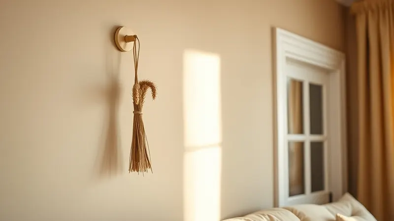 Dried wheat bundle hanging from a removable adhesive hook on a beige apartment wall