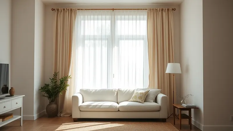 Sheer cream curtains fully open letting morning light into a small living room