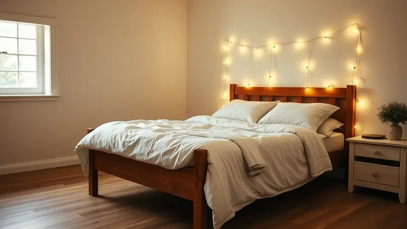 Warm string lights draped along the top of a wooden bed frame in a small bedroom