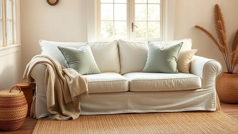 Cream sofa with new soft sage throw pillow covers and an oatmeal throw