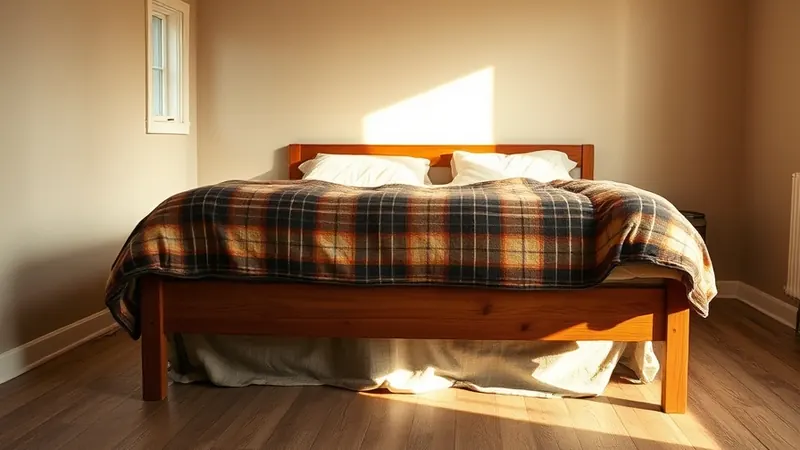 Thrifted quilt folded across the foot of a bed layered over oatmeal linen bedding