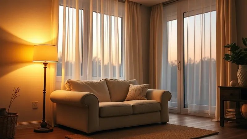 Warm glowing lamp light beside a cream sofa at dusk in a small apartment living room
