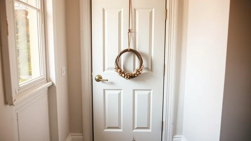 Small dried wreath hanging from an over-the-door hook on a bedroom door