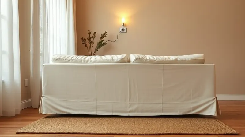 Small plug in wall sconce glowing warm light in a corner behind a sofa