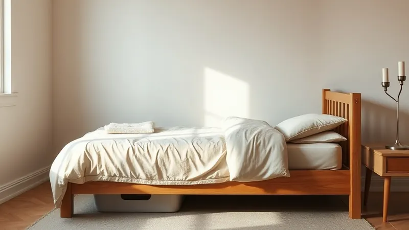 Flat storage bin tucked under a wooden bed frame in a small bedroom with no closet