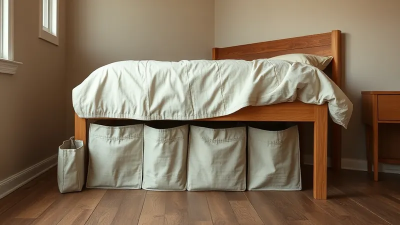 Fabric storage bins sliding under a wooden bed frame in a small closet-free bedroom