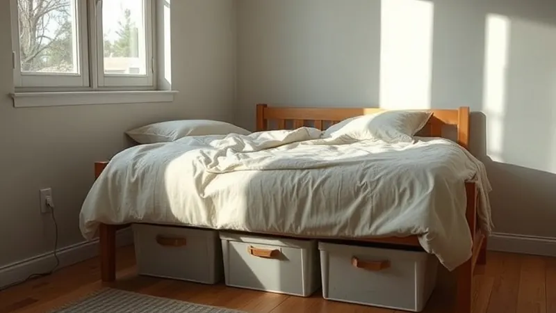 Flat storage bins tucked under a wooden bed frame in a closet-free bedroom