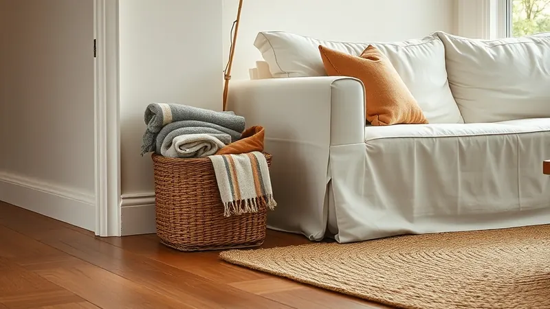 Woven basket filled with folded throws sitting in a living room corner beside the sofa
