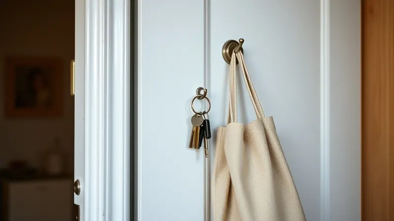 Small removable hook by the front door holding a tote bag and keys