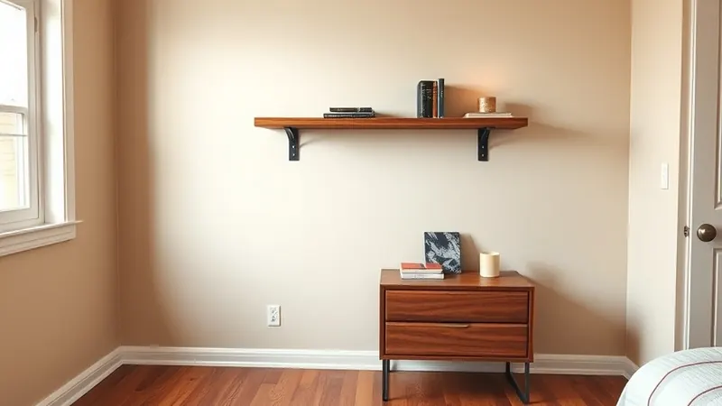 Small floating shelf holding books mounted above a nightstand in a rented bedroom