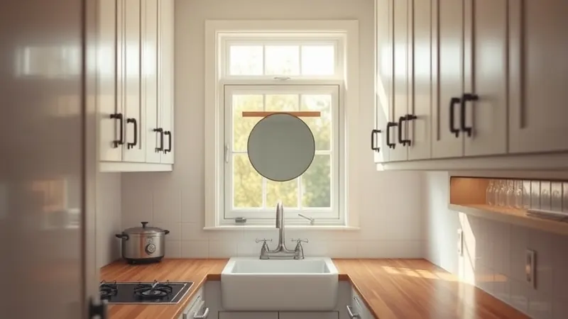 Small round mirror hung with an adhesive strip in a narrow galley kitchen